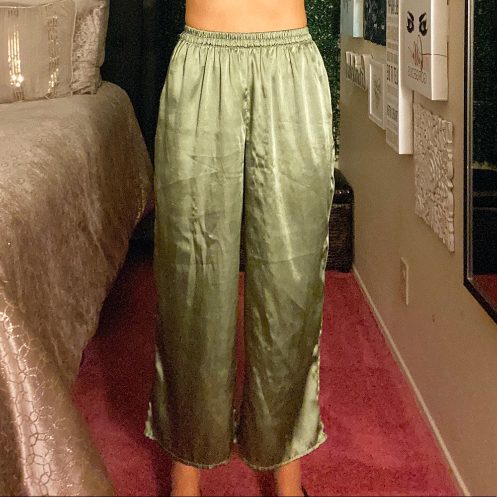 High Waisted Green Satin Wide Leg Pants